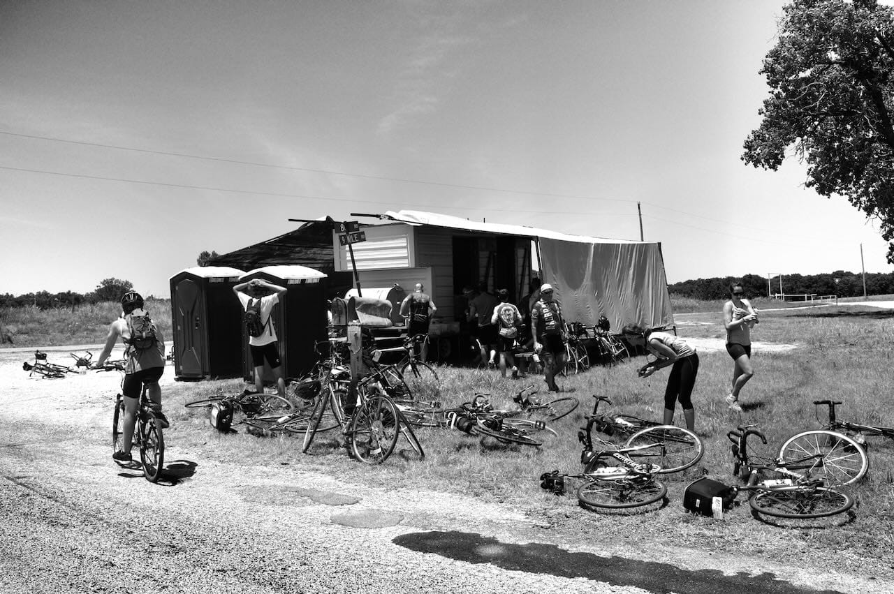 B&W photo of Dennis's amazing rolling Freewheel rest stop.