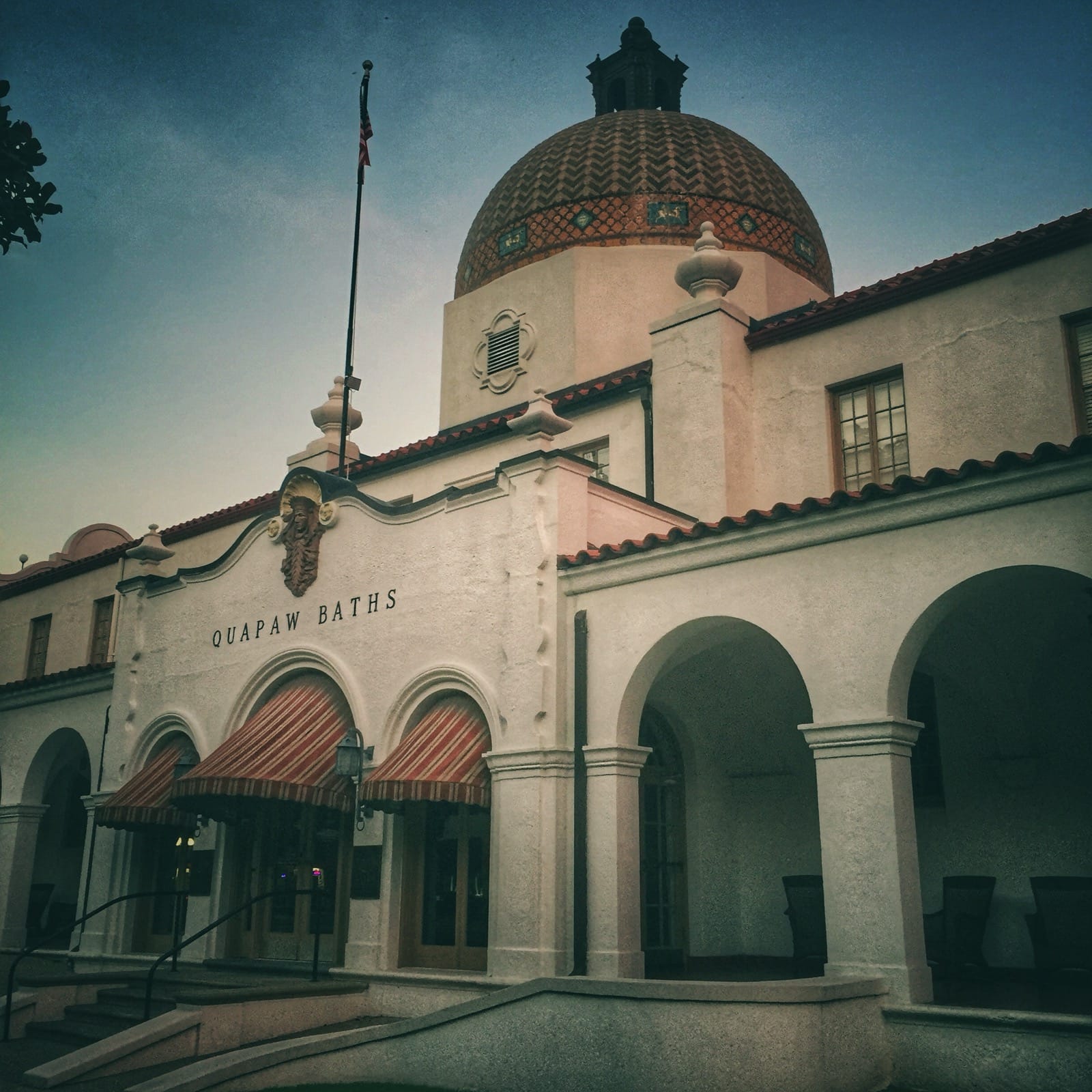 Faded color photo of the spanish influenced Quapaw Baths in Hot Springs.