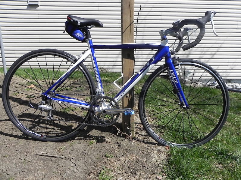 Color photo Blue and White GT Bike.