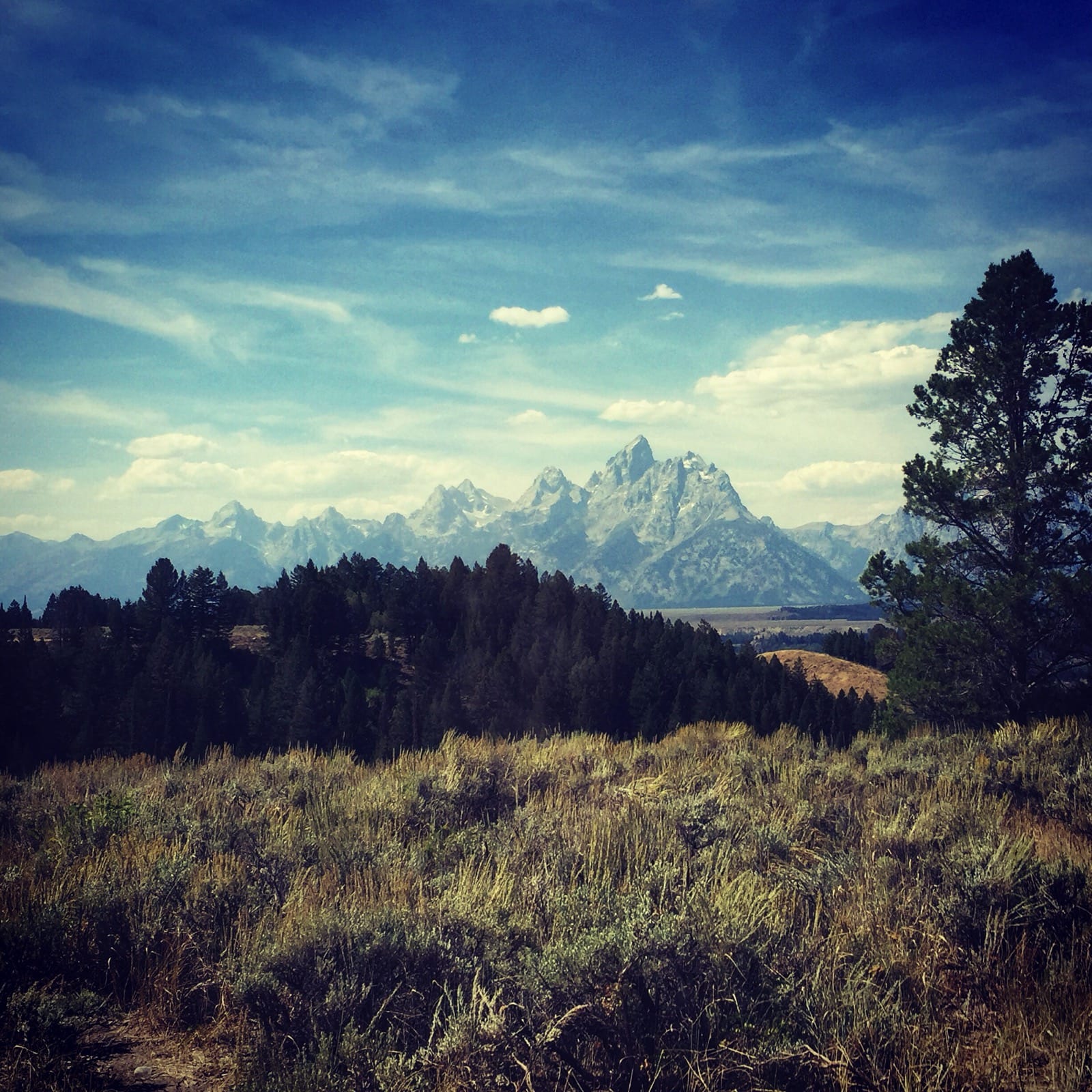 Faded color photo of the mountains as views from Upper Teton View.